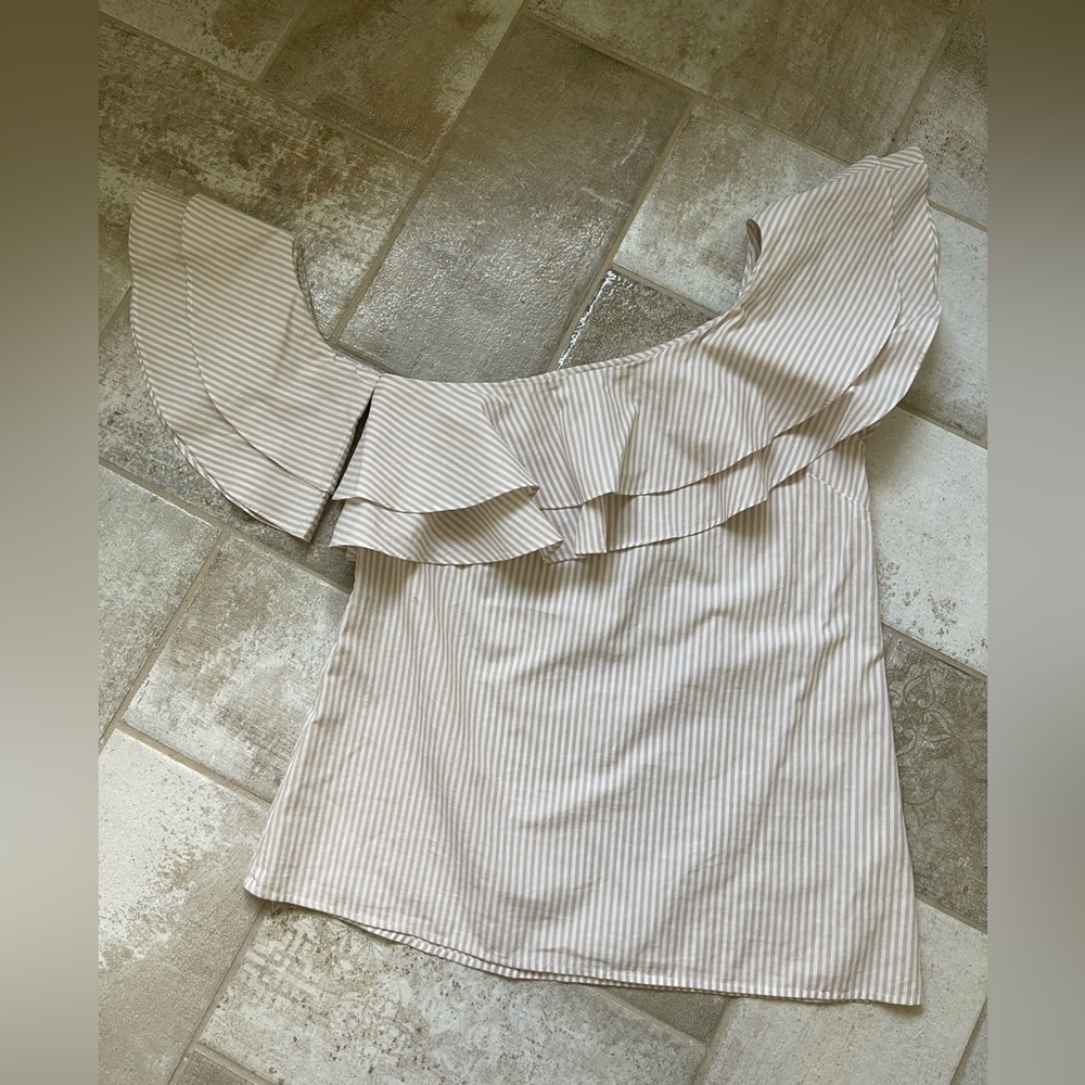 REVOLVE L'Academie Beige/White Striped Off-Shoulder Top